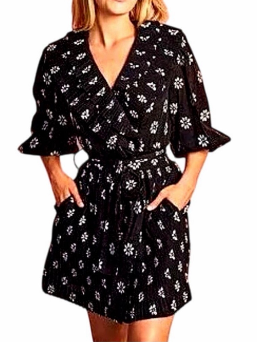 NWT BURU Blanche Dress Mini Long Sleeve Ruffle Black Floral XS